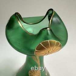 Vtg Art Nouveau Green Glass Vase Gold Flowers 8.5 Bohemian Loetz Style Crimped