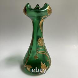 Vtg Art Nouveau Green Glass Vase Gold Flowers 8.5 Bohemian Loetz Style Crimped