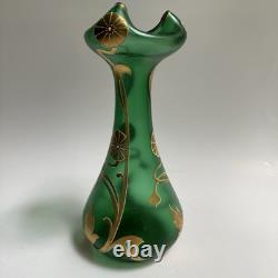 Vtg Art Nouveau Green Glass Vase Gold Flowers 8.5 Bohemian Loetz Style Crimped