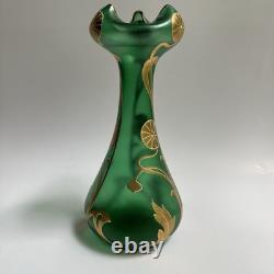 Vtg Art Nouveau Green Glass Vase Gold Flowers 8.5 Bohemian Loetz Style Crimped