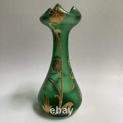 Vtg Art Nouveau Green Glass Vase Gold Flowers 8.5 Bohemian Loetz Style Crimped