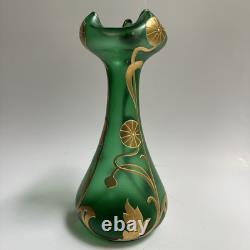 Vtg Art Nouveau Green Glass Vase Gold Flowers 8.5 Bohemian Loetz Style Crimped