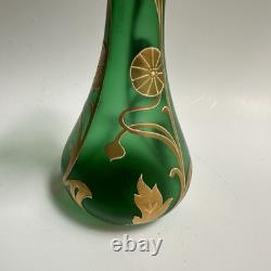 Vtg Art Nouveau Green Glass Vase Gold Flowers 8.5 Bohemian Loetz Style Crimped