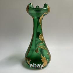 Vtg Art Nouveau Green Glass Vase Gold Flowers 8.5 Bohemian Loetz Style Crimped