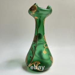 Vtg Art Nouveau Green Glass Vase Gold Flowers 8.5 Bohemian Loetz Style Crimped