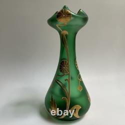 Vtg Art Nouveau Green Glass Vase Gold Flowers 8.5 Bohemian Loetz Style Crimped