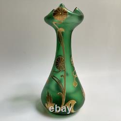 Vtg Art Nouveau Green Glass Vase Gold Flowers 8.5 Bohemian Loetz Style Crimped