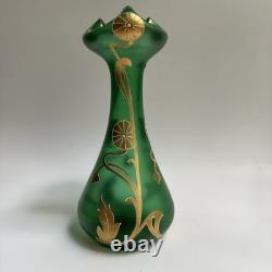 Vtg Art Nouveau Green Glass Vase Gold Flowers 8.5 Bohemian Loetz Style Crimped
