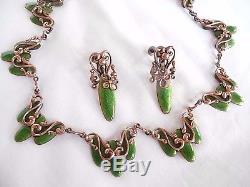 Vtg Matisse Art Nouveau Green Copper Enamel Waltz Necklace Earrings Demi Set