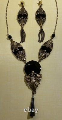 Vtg Sadie Green Art Nouveau Style Necklace & Earring Set Black Stone Glass Beads