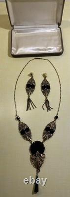 Vtg Sadie Green Art Nouveau Style Necklace & Earring Set Black Stone Glass Beads