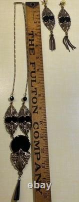 Vtg Sadie Green Art Nouveau Style Necklace & Earring Set Black Stone Glass Beads