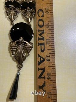 Vtg Sadie Green Art Nouveau Style Necklace & Earring Set Black Stone Glass Beads