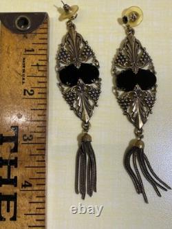 Vtg Sadie Green Art Nouveau Style Necklace & Earring Set Black Stone Glass Beads
