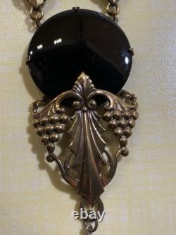 Vtg Sadie Green Art Nouveau Style Necklace & Earring Set Black Stone Glass Beads