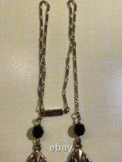 Vtg Sadie Green Art Nouveau Style Necklace & Earring Set Black Stone Glass Beads