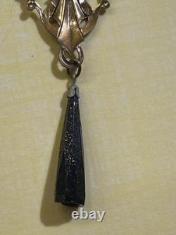 Vtg Sadie Green Art Nouveau Style Necklace & Earring Set Black Stone Glass Beads