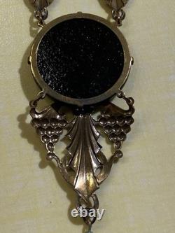 Vtg Sadie Green Art Nouveau Style Necklace & Earring Set Black Stone Glass Beads