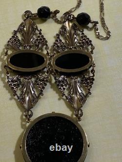 Vtg Sadie Green Art Nouveau Style Necklace & Earring Set Black Stone Glass Beads