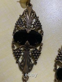 Vtg Sadie Green Art Nouveau Style Necklace & Earring Set Black Stone Glass Beads