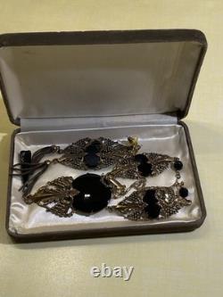 Vtg Sadie Green Art Nouveau Style Necklace & Earring Set Black Stone Glass Beads