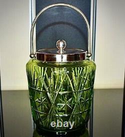 WMF Art Nouveau Best Nickel Silver Plated Biscuit Box Green Cut Crystal Glass
