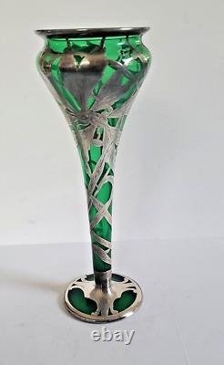 WMF Art Nouveau Green Glass Vase with Silverplate Design