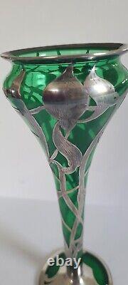 WMF Art Nouveau Green Glass Vase with Silverplate Design