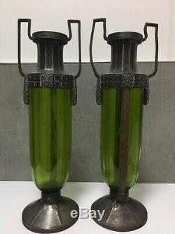 WMF Art Nouveau Green Glass Vases EP OX Silver Plated Jugendstil Original Finish