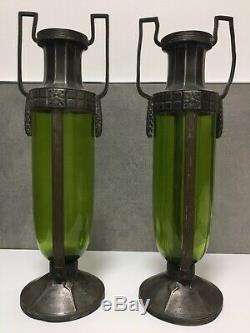 WMF Art Nouveau Green Glass Vases EP OX Silver Plated Jugendstil Original Finish