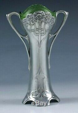 WMF Art Nouveau Jugendstil pewter vase with original green glass liner c. 1905