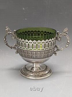 WMF Pedestal Bowl 1880-1910 EPNS Green Glass Liner Art Nouveau Motif Jugendstil