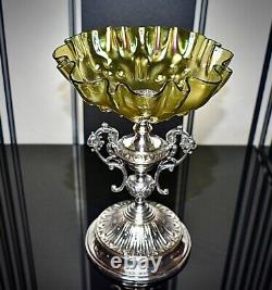 WMF Silver Plated ArtNouveau Centrepiece/ FruitStand, Green Iridescent Glass Bowl