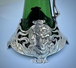 WMF Silver Plated Art Nouveau Large Green Crystal Glass Claret Jug/ Ewer, Signed