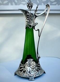 WMF Silver Plated Art Nouveau Large Green Crystal Glass Claret Jug/ Ewer, Signed