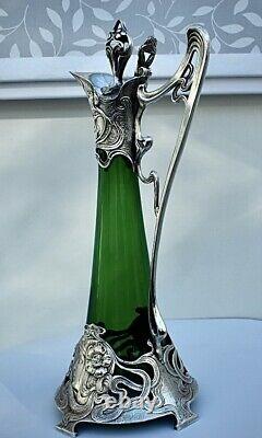 WMF Silver Plated Art Nouveau Large Green Crystal Glass Claret Jug/ Ewer, Signed
