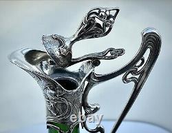 WMF Silver Plated Art Nouveau Large Green Crystal Glass Claret Jug/ Ewer, Signed