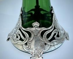 WMF Silver Plated Art Nouveau Large Green Crystal Glass Claret Jug/ Ewer, Signed