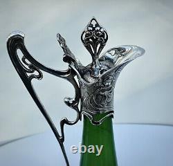 WMF Silver Plated Art Nouveau Large Green Crystal Glass Claret Jug/ Ewer, Signed