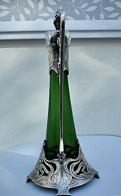 WMF Silver Plated Art Nouveau Large Green Crystal Glass Claret Jug/ Ewer, Signed