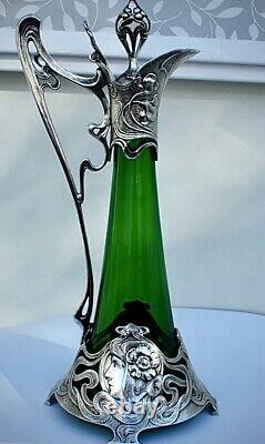 WMF Silver Plated Art Nouveau Large Green Crystal Glass Claret Jug/ Ewer, Signed