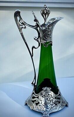 WMF Silver Plated Art Nouveau Large Green Crystal Glass Claret Jug/ Ewer, Signed