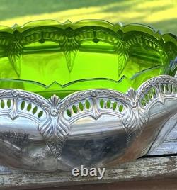 WMF Silver-plate Art Nouveau/Deco Green Cut Art Glass Insert Handled Center Bowl