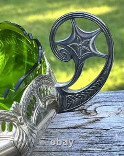 WMF Silver-plate Art Nouveau/Deco Green Cut Art Glass Insert Handled Center Bowl