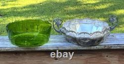 WMF Silver-plate Art Nouveau/Deco Green Cut Art Glass Insert Handled Center Bowl