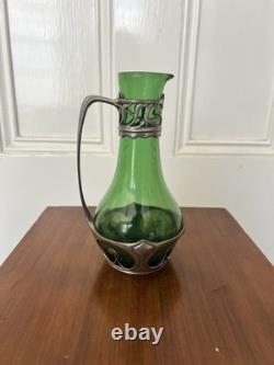 Walter Scherf & Co Osiris Carafe in Green Glass with Jugendstil Pewter Antique