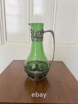 Walter Scherf & Co Osiris Carafe in Green Glass with Jugendstil Pewter Antique