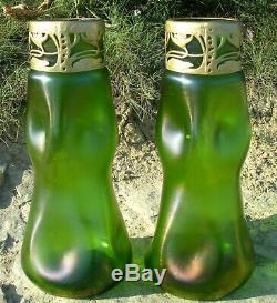 XL Pair Nouveau /Jugendstil Iridescent Green Glass Vases & Collars Kralik/Loetz