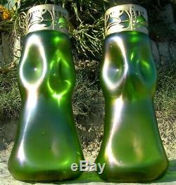 XL Pair Nouveau /Jugendstil Iridescent Green Glass Vases & Collars Kralik/Loetz