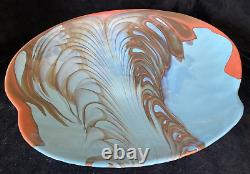 X Large Art Glass Bowl Shell Shaped Blue Green Coral Copper 46cm diameter